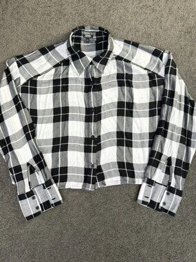 Express Boyfriend Portofino Plaid Button Down Shirt Black White Cropped Small